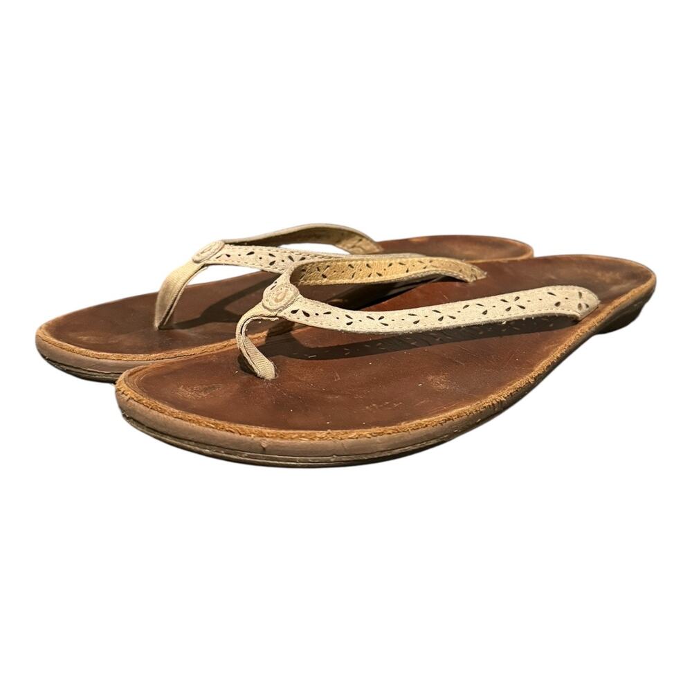 OluKai Flip Flops White Leather Women’s Shoes Size 10 Thong Sandals